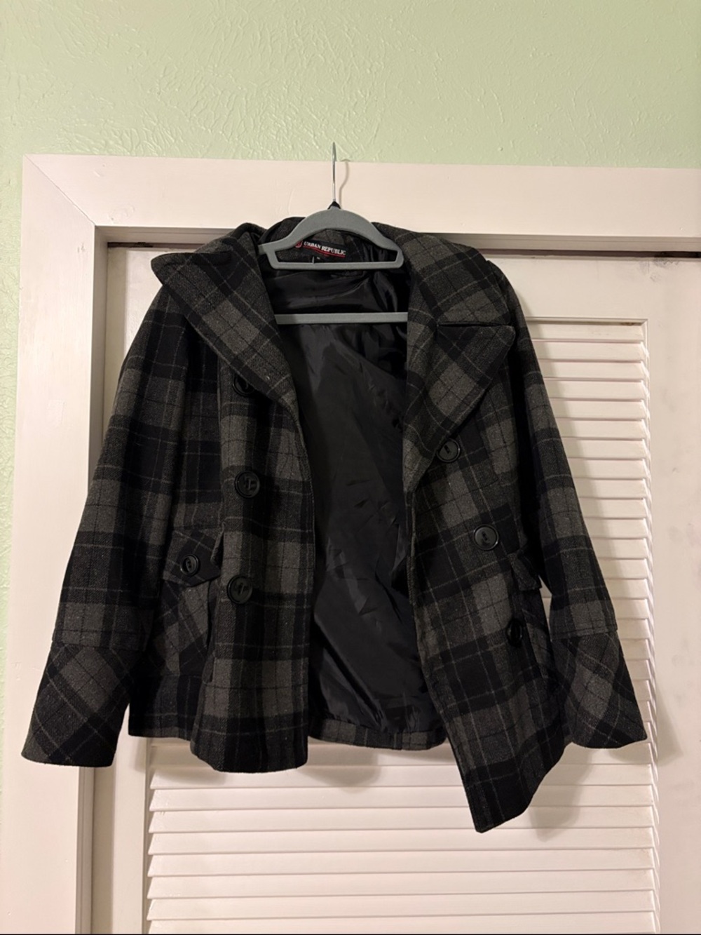 Urban Republic Black & Gray Plaid Hooded Peacoat